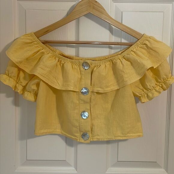 TopShop Linen Crop Top, Golden Yellow Ruffled blouse, 8 - Picture 2 of 8